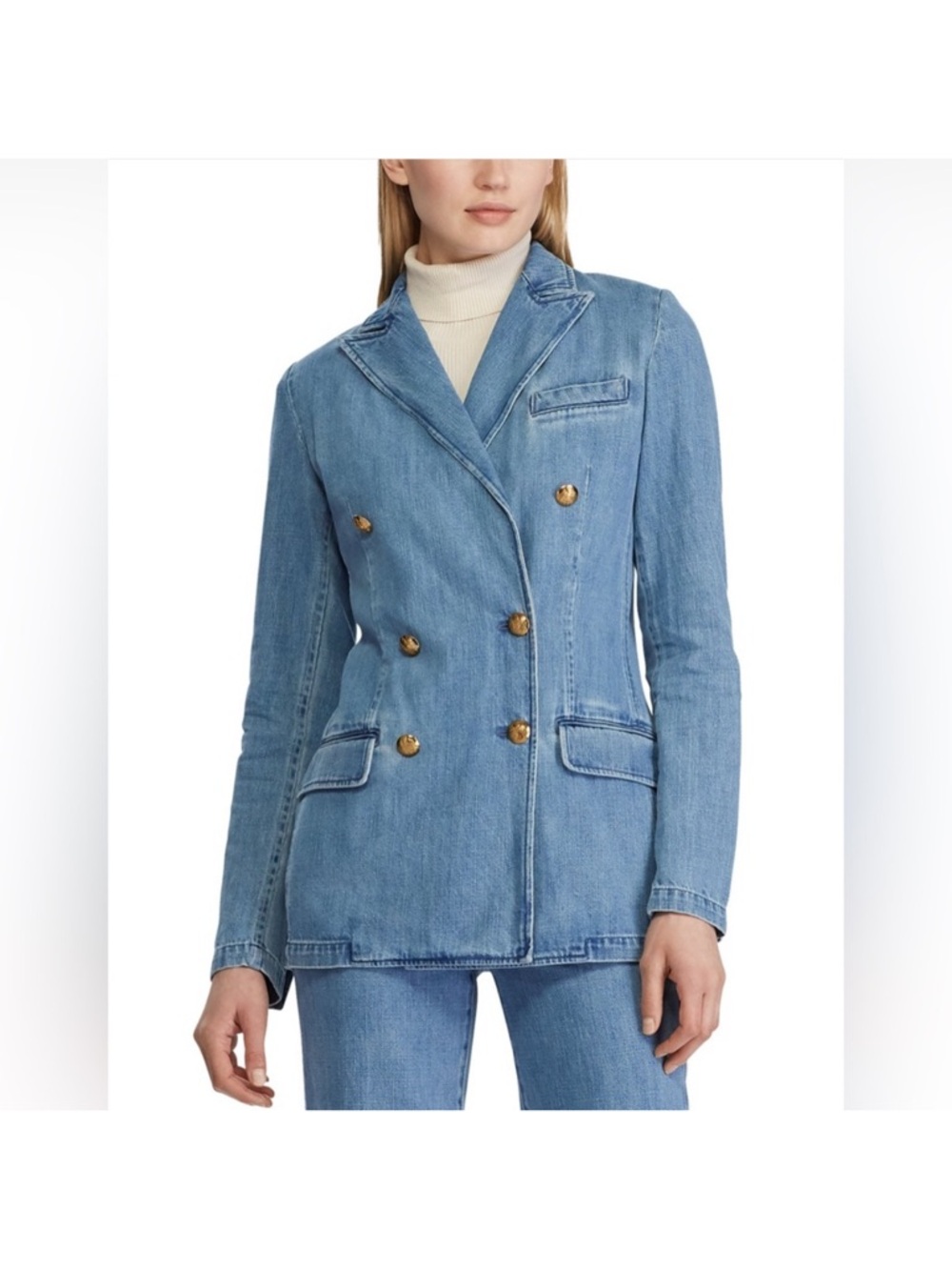 Lauren Ralph Lauren Light Blue Denim Double-Breasted Blazer